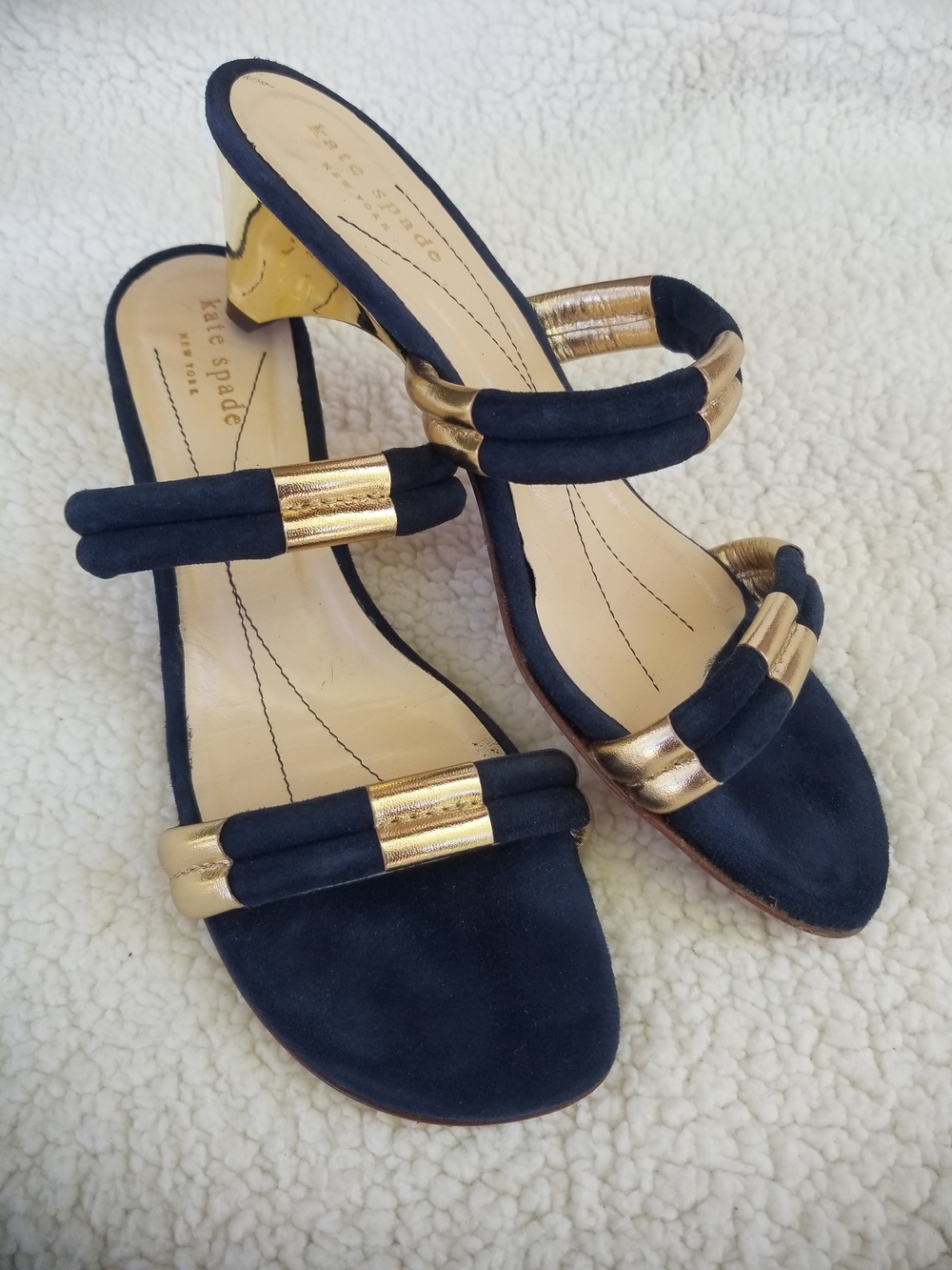 kate spade navy and gold suede double-strap kitten-heeled sandals
